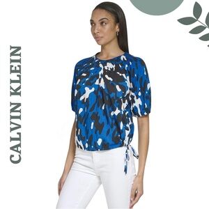 Calvin Klein Blue Abstract Print Blouse Puff Sleeve Top